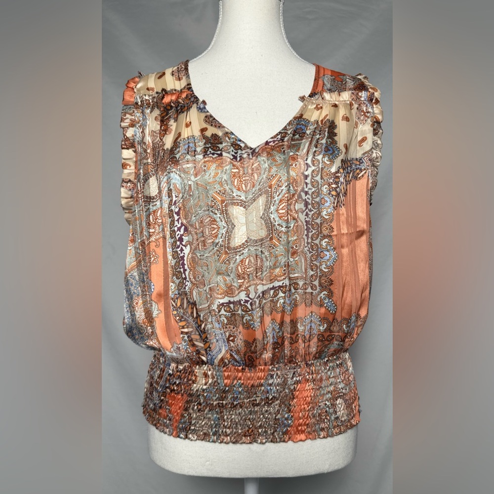 JOIE Summer Euro Vacation Paisley Satin Cropped Sleeveless Blouse Top Size M